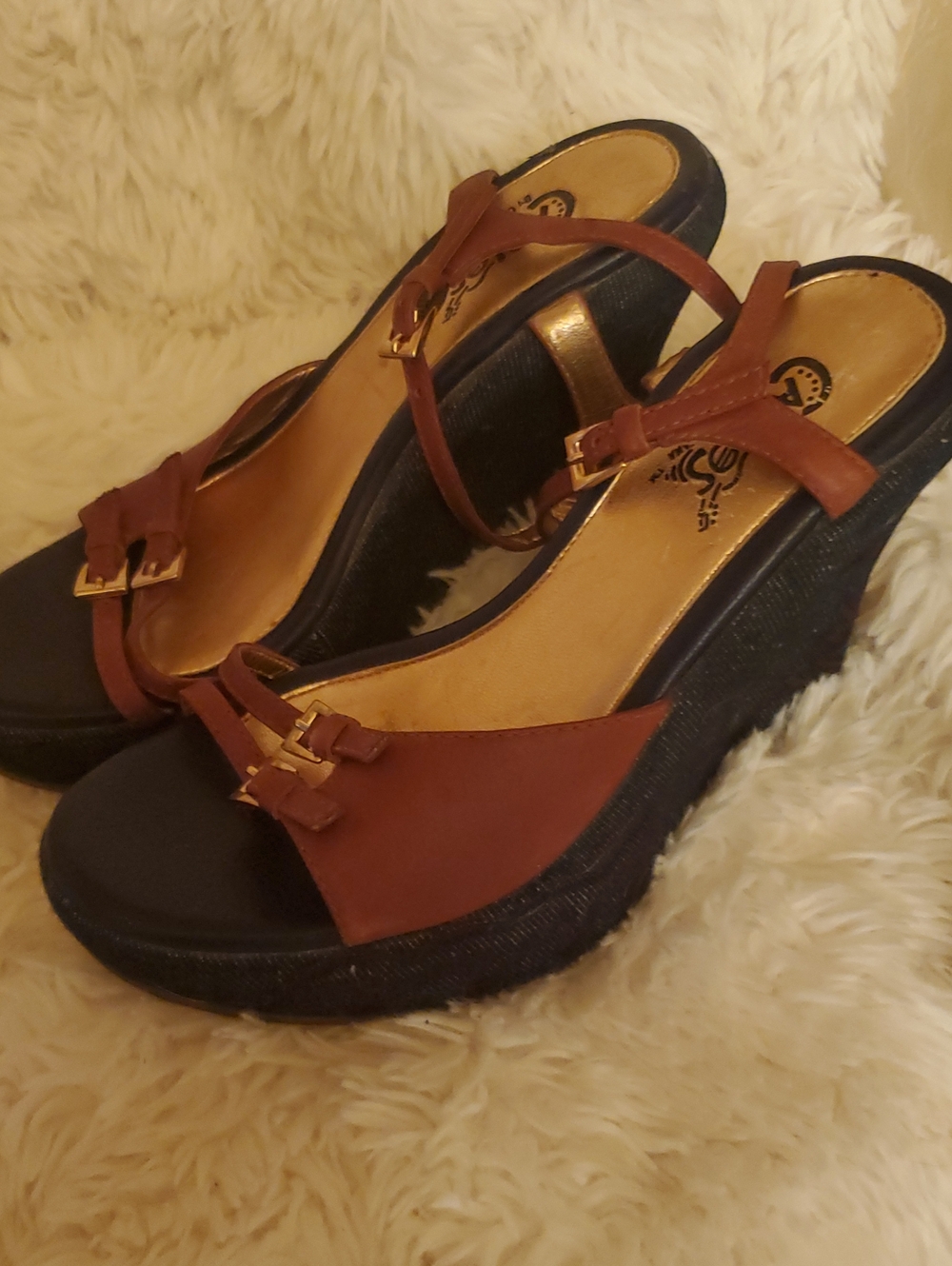 Carlos Santana Brown and BLUE JEAN Wedge Sandals with Gold Accents